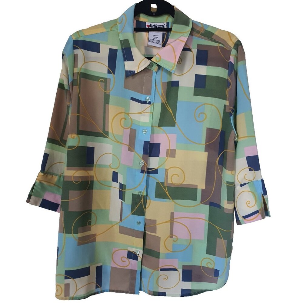 Vintage Nationalā Button Down Blouse Sz PL Geometric Abstract 3/4 Sleeve Top